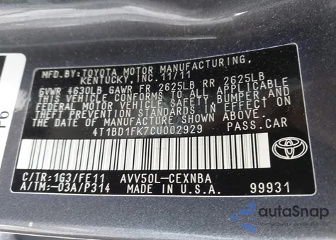 2012 Toyota Camry Hybrid Le from USA, damaged, VIN 4T1BD1FK7CU002929